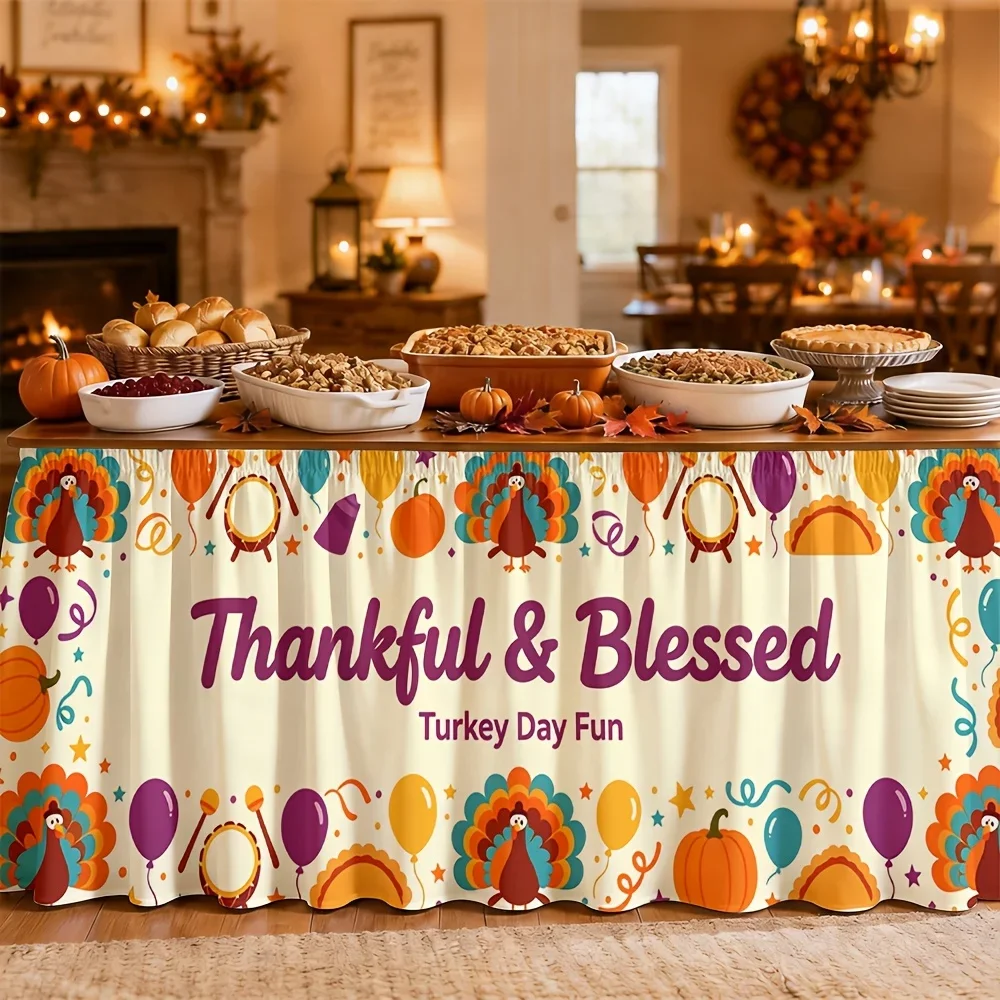 One table skirt. Thanksgiving table skirt. Printed polyester festive autumn harvest celebration decorative table skirt.