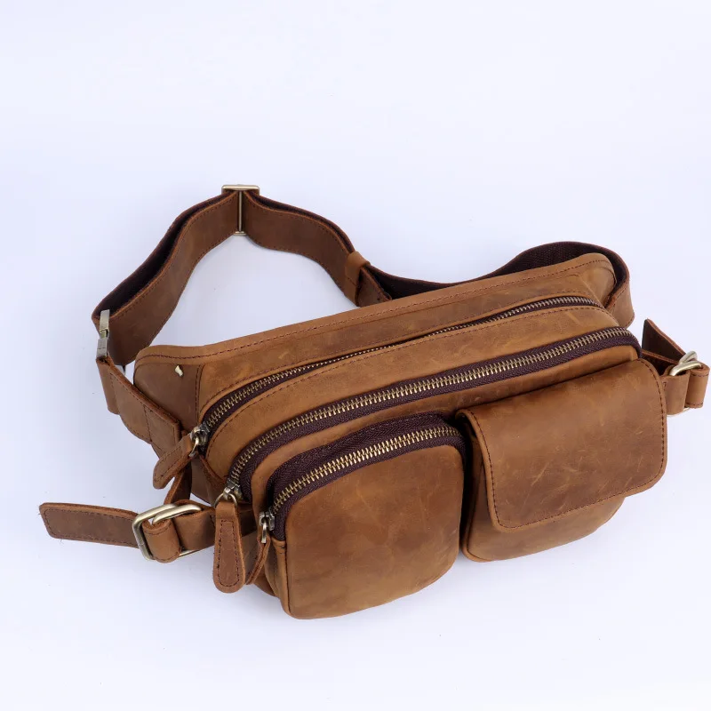 Crazy Horse Leather Waist Bag for Men Multifunctional Fanny Pack for Mobile Phone Chest Bags