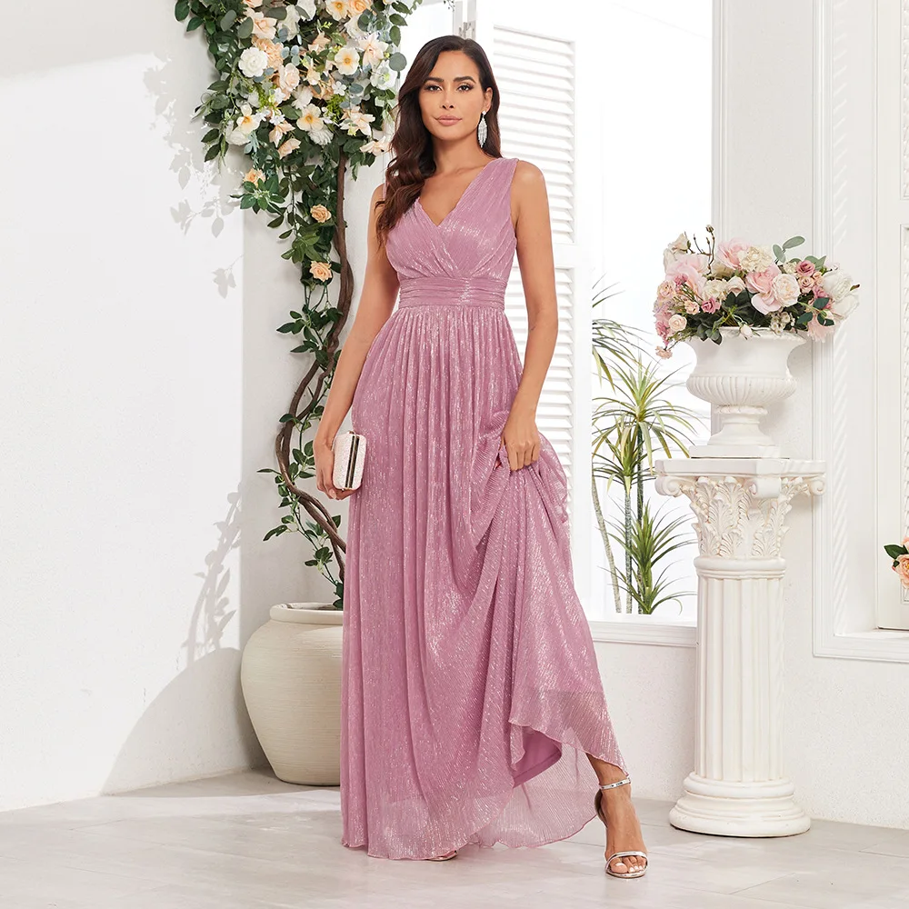 ICCLEK Maxi Sleeveless Flared V-Neck Long Dresses Soft Sparkling Ball Gown In Dusky Rose Bridesmaid Dress For Wedding Party Vest