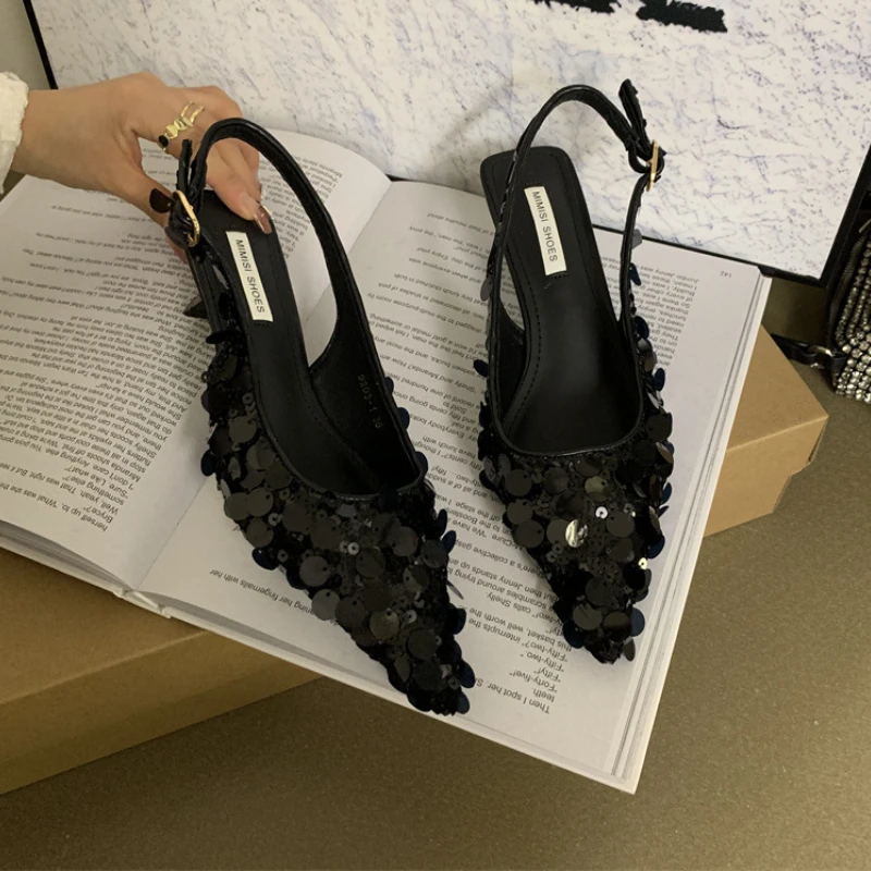 2024 New Pointed Sequin High Heels French Niche Single Shoes with A Toe Wrap Fairy Sandals for External Wear Sandalias De Tacón