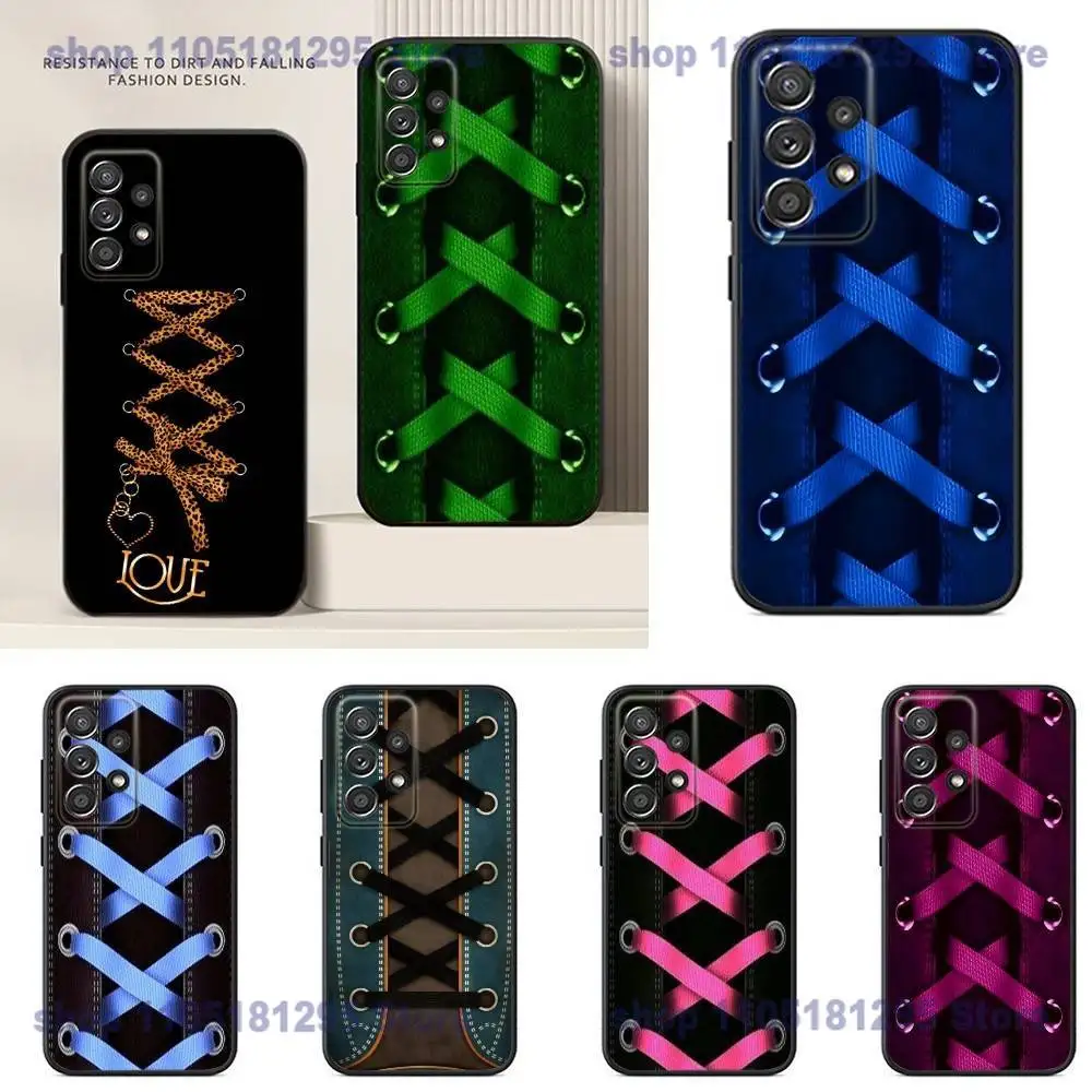 パーソナライズされたスニーカーレース柄のスマホケース、Samsung S25、24、23、22、21、20、Ultra、10、10E、Plus、Note20用、ブラックケース