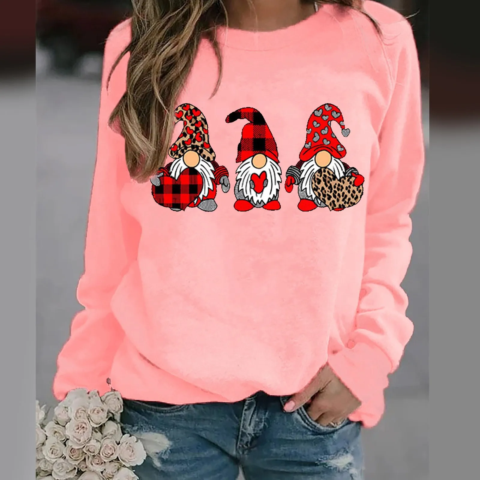 Cute Cartoon Goblin Print Valentine Sweatshirt Women Long Sleeve Round Neck Loose Hoodie Y2k Fashion Sweet Pullover Hoodies Tops