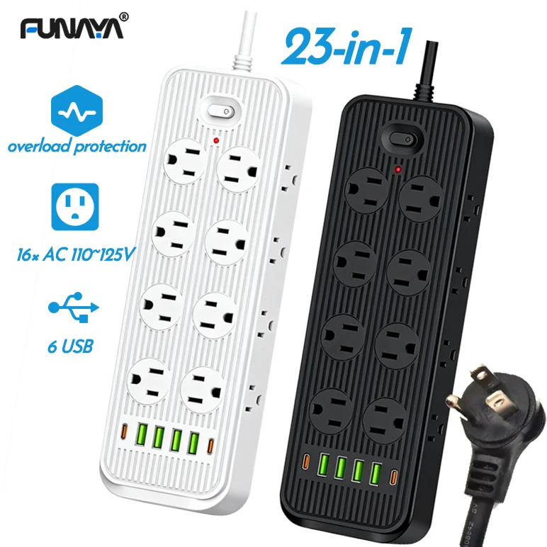 FUNAYA US Power Strip Socket with USB Type-c 16 AC 110~125V Overload Protection Electric Extension 180cm Cable Type-B Outlets
