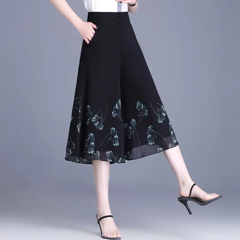 

Chiffon Elegant Wide Leg Calf-length Pants Women's Summer High Waist Pants Floral Print Straight Casual Trousers Capris Q107