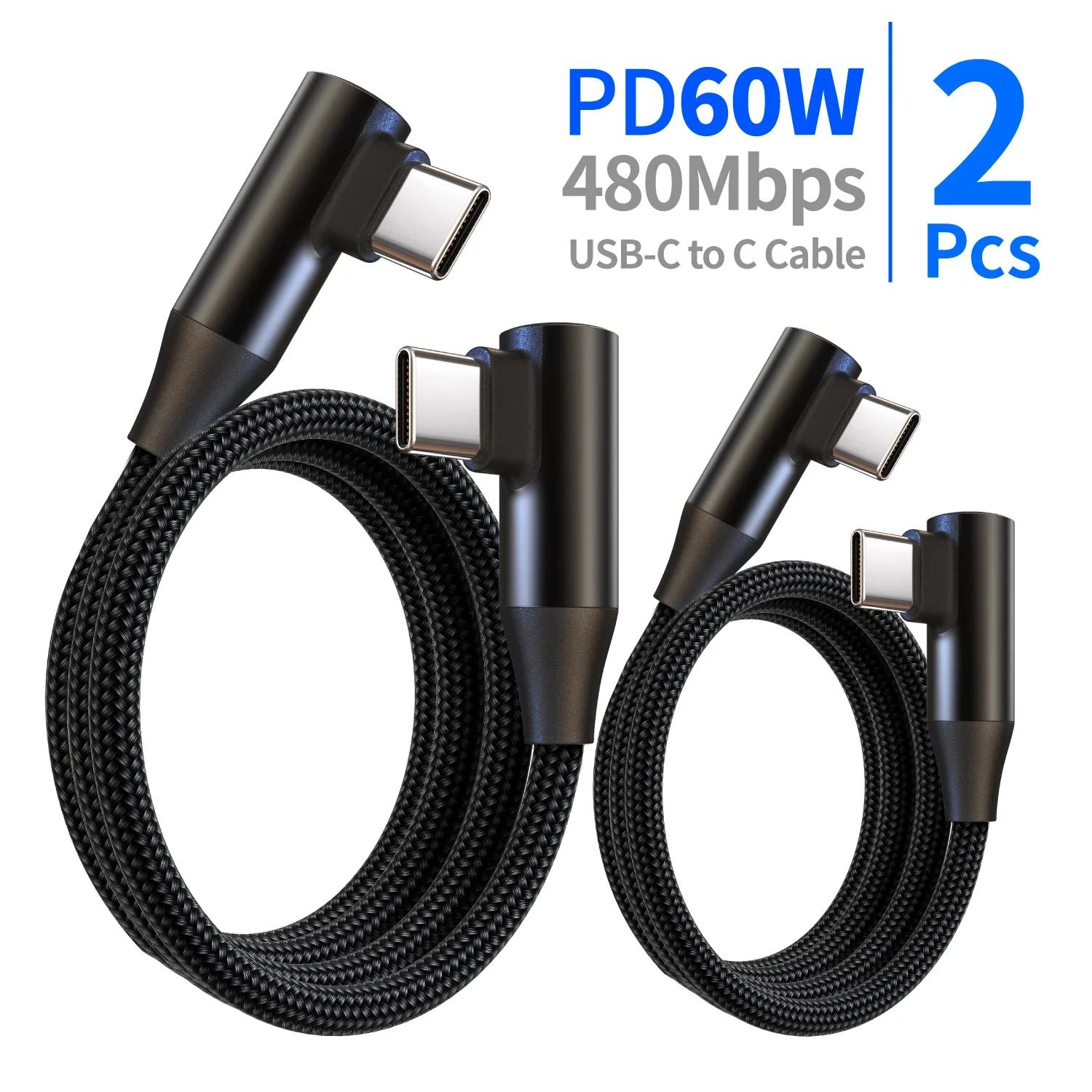 

2 шт., кабель для быстрой зарядки USB-C мощностью 60 Вт, 90 шт. ° Угловой, прочный для iPhone 16/15, S24/S23, iPad, MacBook, Pixel (25/50/100/200 см)