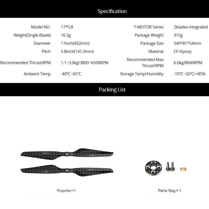 T-MOTOR NS17*5.8 Light Efficient Carbon Fiber Scratch Resistant Uav Drone Propeller Prop-2PCS/PAIR