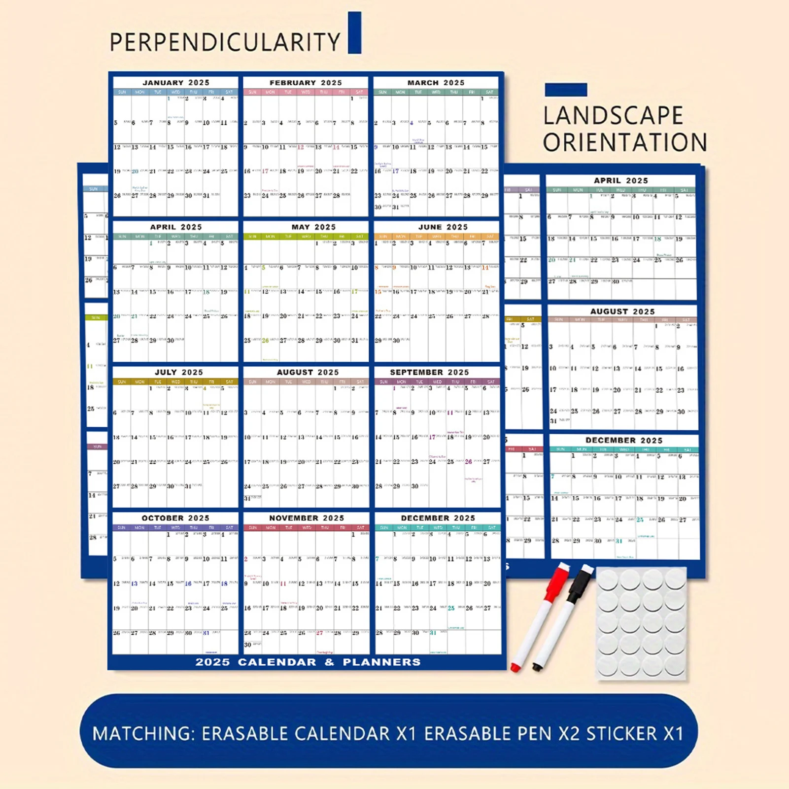 2025 Erasable Wall Calendar Double-side Waterproof and Tear Resistant Calendar for Daily Scheduling Foldable with Erasable Pen