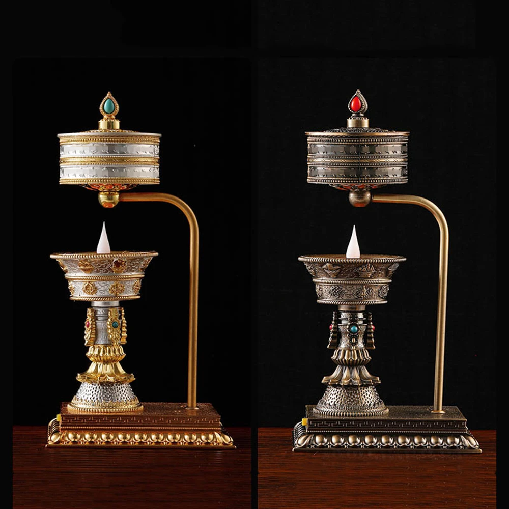 New Tibetan Electronic Butter Light Prayer Wheel, Simulation LED Fire Rotating Wheel, Buddha's Front Offering Lamp Ornaments