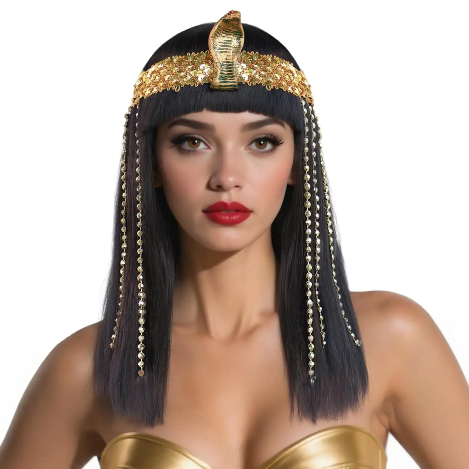 Peluca de Cleopatra negra, pelo Bob negro con flequillo para mujer, pelucas egipcias, pelos y accesorios para disfraz de Halloween, pelucas
