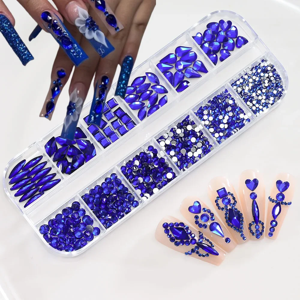 

12Grids 3D Sapphire Blue Nail Art Rhinestones Mixed 7Shapes Flat-back Glass Diamonds Nails Decorations DIY Manicure Accessories