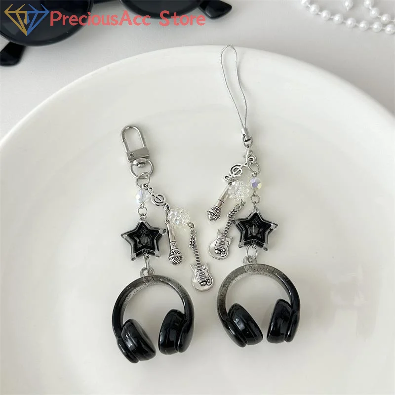 Glitter Earphone-shaped Keychain Cute Star Guitar Microphone Pendant Phone Chain Lanyard Girly Backpack Charms Bag Hanging Gifts