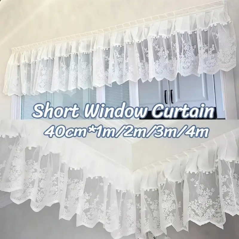 White Sheer Lace Valance Curtain Cherry Floral Print Romantic Pastoral Style Window Treatment for Kitchen Decor