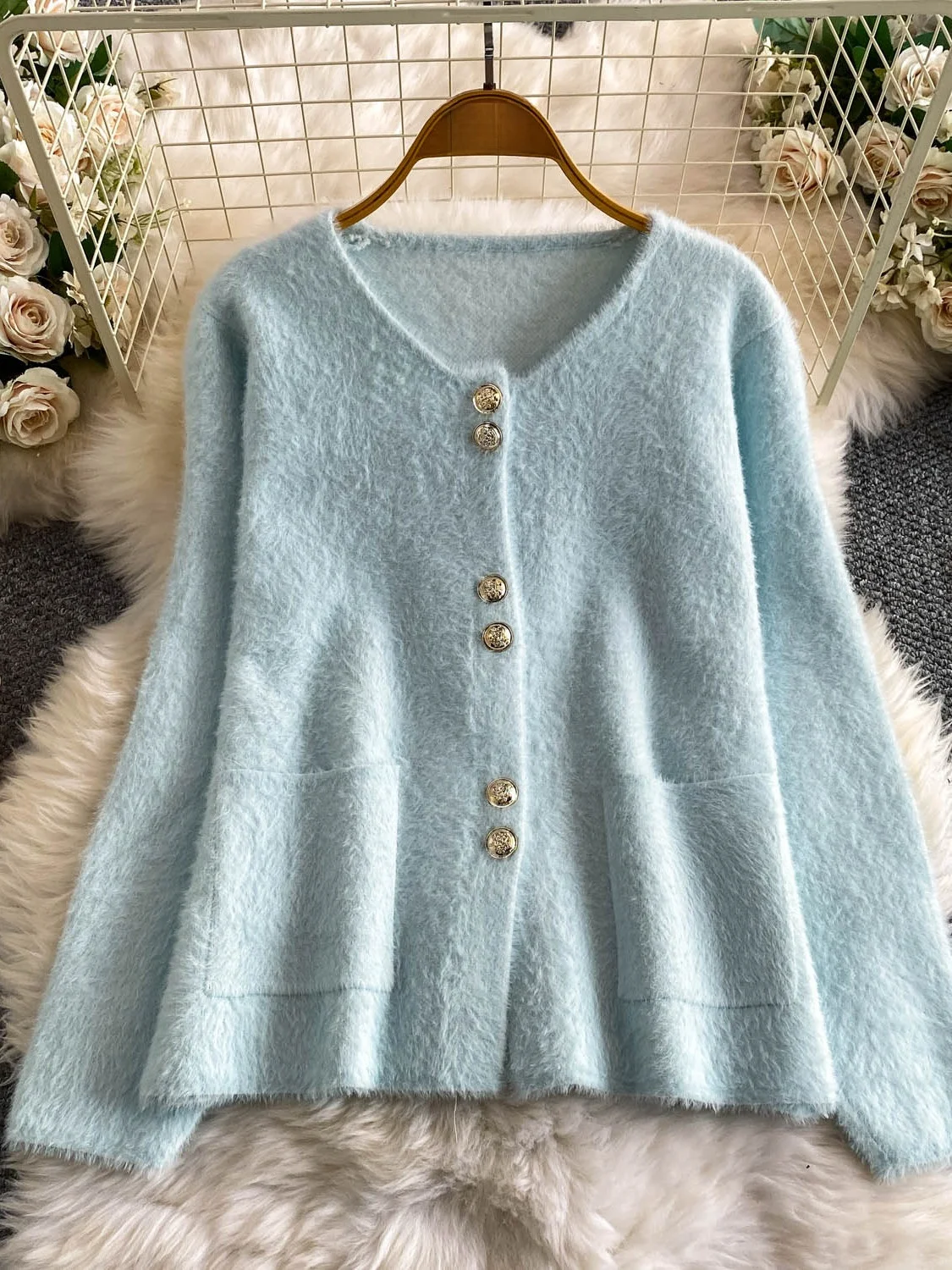 Young Women's Fashionable Fur Vest Sweater Coat Metal Buckle Autumn Winter Thickened Long Sleeve round Neck Button up Outerwear
