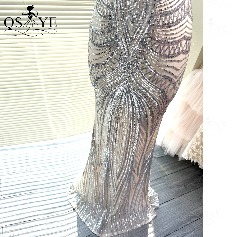 السباغيتي الأشرطة الخامس الرقبة الترتر الفضة حفلة موسيقية فساتين كامل حورية البحر نمط الدانتيل ثوب مسائي حزب عارية الذراعين صالح فستان فضي رسمي
