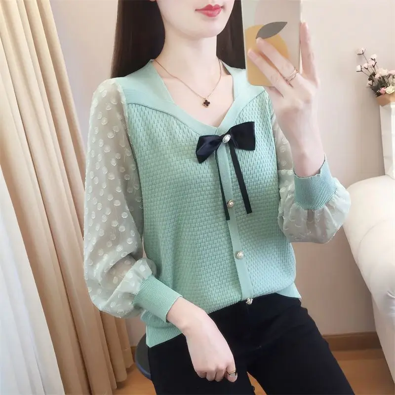 Sweet V-Neck Polka Dot Gauze Spliced Knitted Bow Blouses Women's Clothing 2024 Spring Summer New Loose Casual Tops Korean Shirts