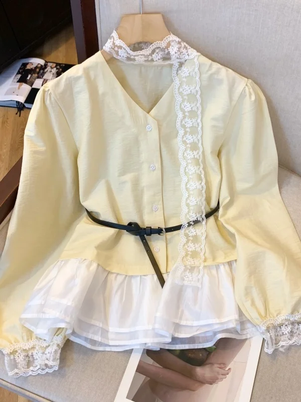 

French Style Long Sleeve Lace Blouse V-Neck Women's Shirt Spring Autumn Bows Hemline Gathered Waist Polyurethane Fiber Blouse