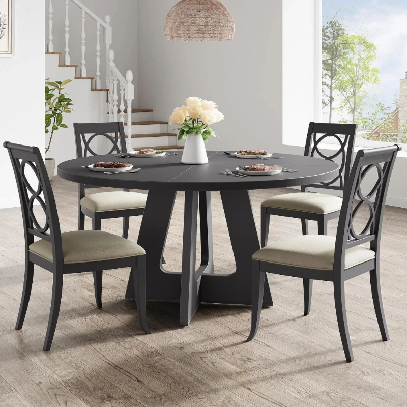 

47-Inch Round Dining Table Large Wooden Kitchen Table For 4 to 6, Farmhouse Dinner Table For Home Dining Room or Living Room