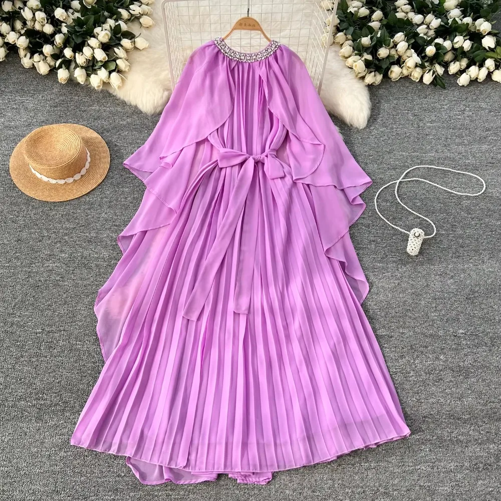 Elegant Rhinestone O-neck Lace-up Vintage Cloak Sleeve Chic Chiffon Slim Long Pleated Dresses Fashion Women High Street Clothing