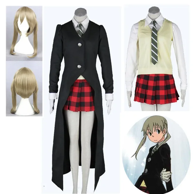 Anime Maka Albarn Traje Cosplay para Mulheres, Uniforme Saia Menina, Peruca Festa Carnaval Halloween, Jaquetas Brancas, Gravata