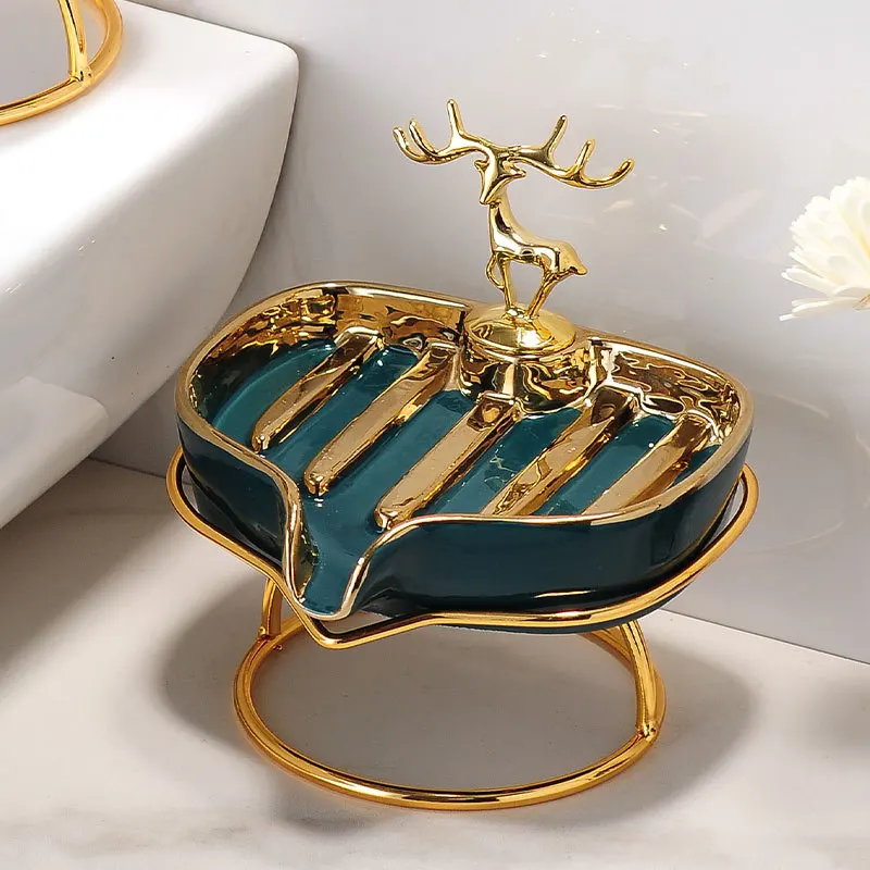 Gold Plated Elk Soap Dispenser Ceramic Bathroom Shelf Drain Rack Laundry Box Jewelry Storage Jar Home Decoration