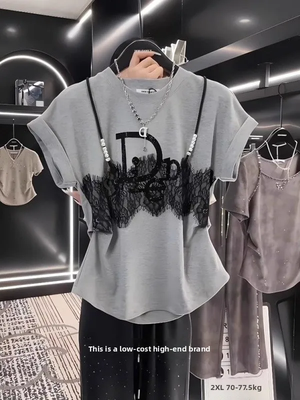 

Outlet Design High-End Lace Letter Print Loose ort Sve T-irt Women Summer Commute Sle Korean Version Pear Body pe