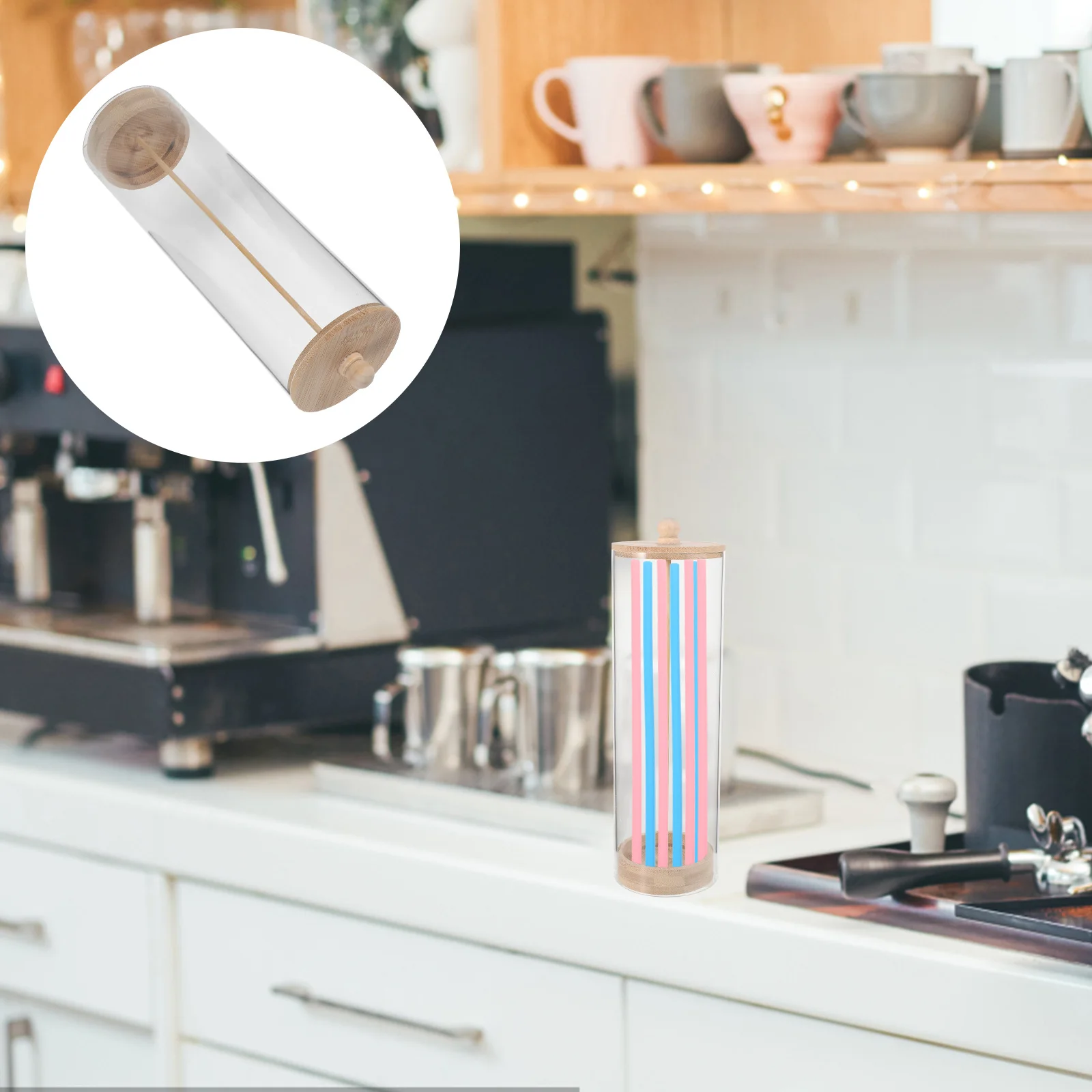 

Stylish Transparent Straw Dispenser Wooden Lid Multi-Functional Drinking Straw Holder For Kitchen Countertop Cabinet