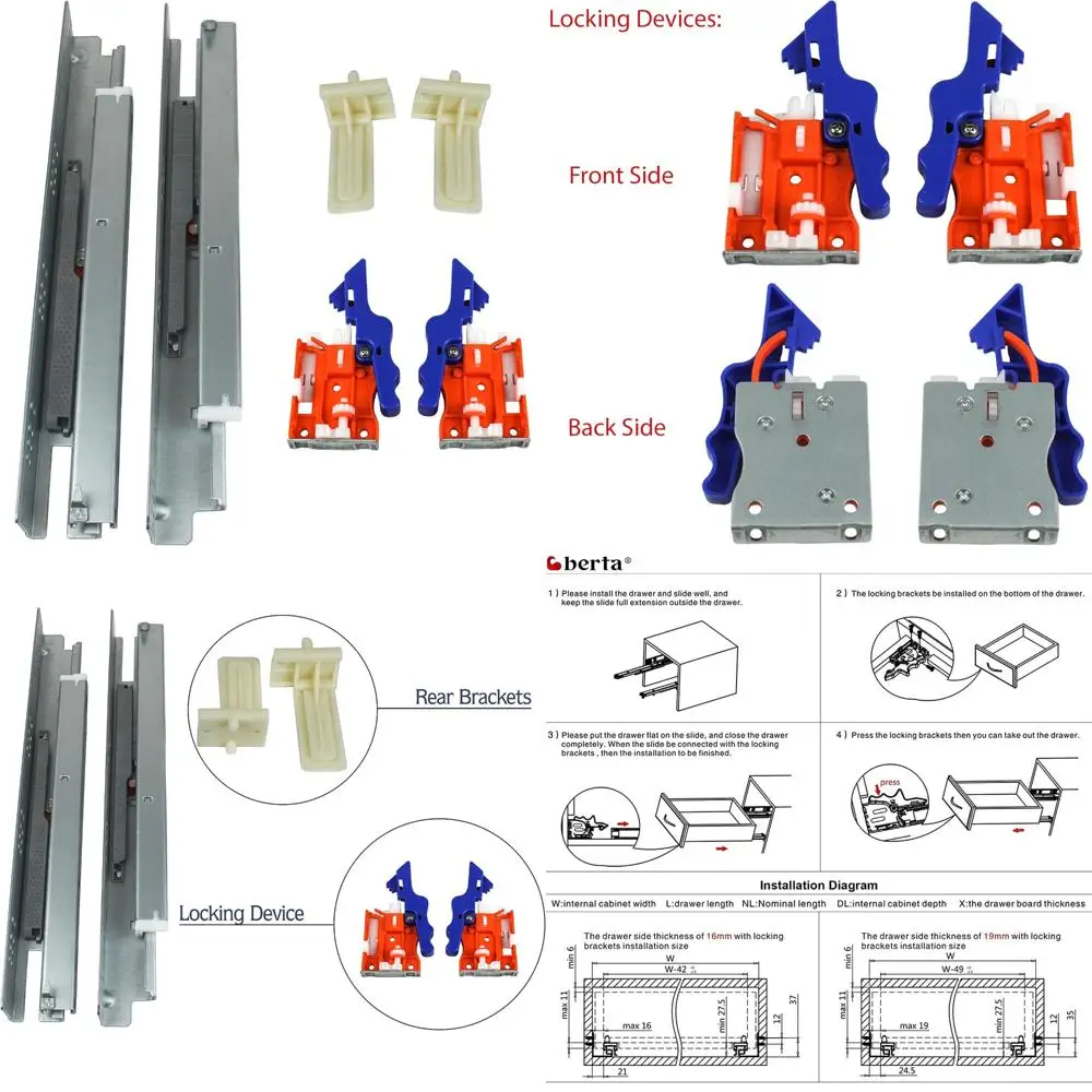 

12 Inch Soft Close Drawer Slides, 100 LB Load Capacity, Under Mount, Locking Mechanism, Plastic Back for Secure Storage