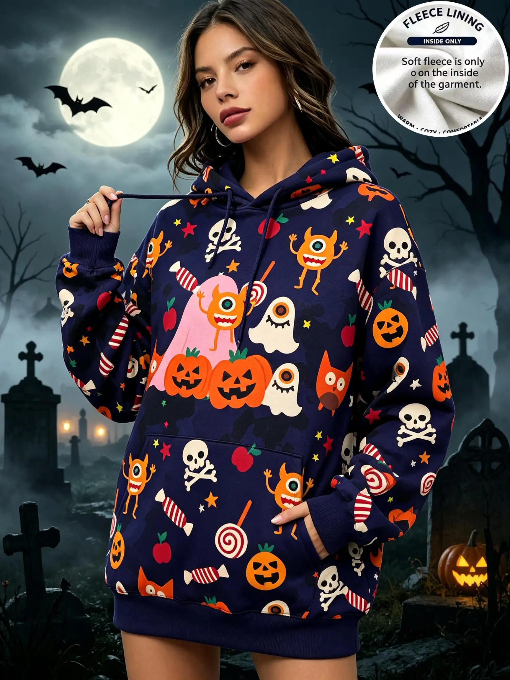 Women Brown Black Gradient Halloween Cute Monster Ghost Pumpkin Print Hoodie Warm Fleece Lined Drawstring Pocket Pullover
