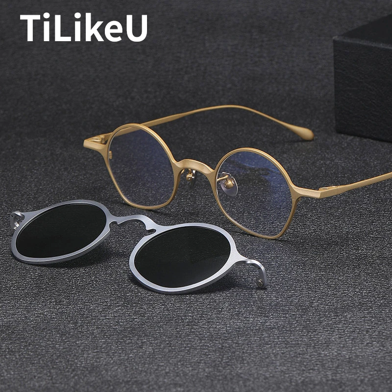 

Japanese Pure Titanium Frames Magnetic Clip on Sunglasses UV400 Polarized Lenses Men Women Retro Irregular Myopia Glasses Frames