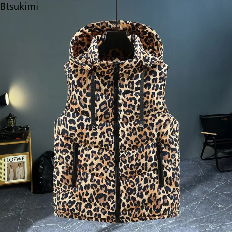 

Fashion Thickened Parkas Vests Men's Autumn Winter New Stand Collar Zipper Warm Waistcoats Couple Leopard Casual Vest Streetwear