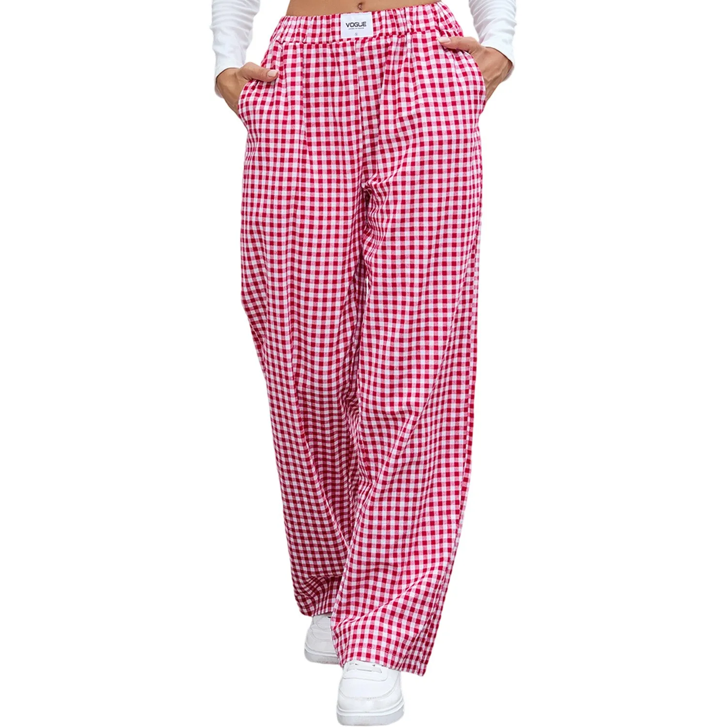 Women's Y2K Checkered Cotton Loose Fit Elastic Waist Woven Pants for Urban Streetwear Female Clothing Women Clothes Women's And