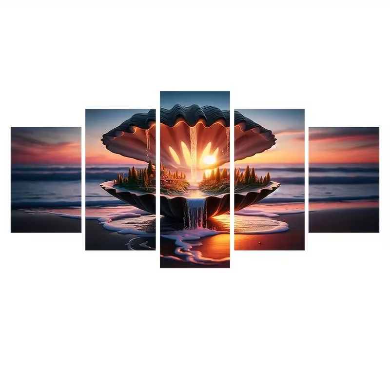 5 Piece Diamond Painting Sunrise Sea Shells Castle Landscape Artwork Pictures Mosaic Diamond Embroidery Wall Art Home Decor