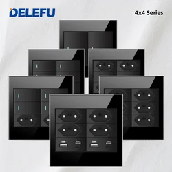 DELEFU 4x4 Fireproof Glass Panel Brazil Standard Outlet Double USB Type C Wall Power Socket Light Switch Office Black 10A 20A