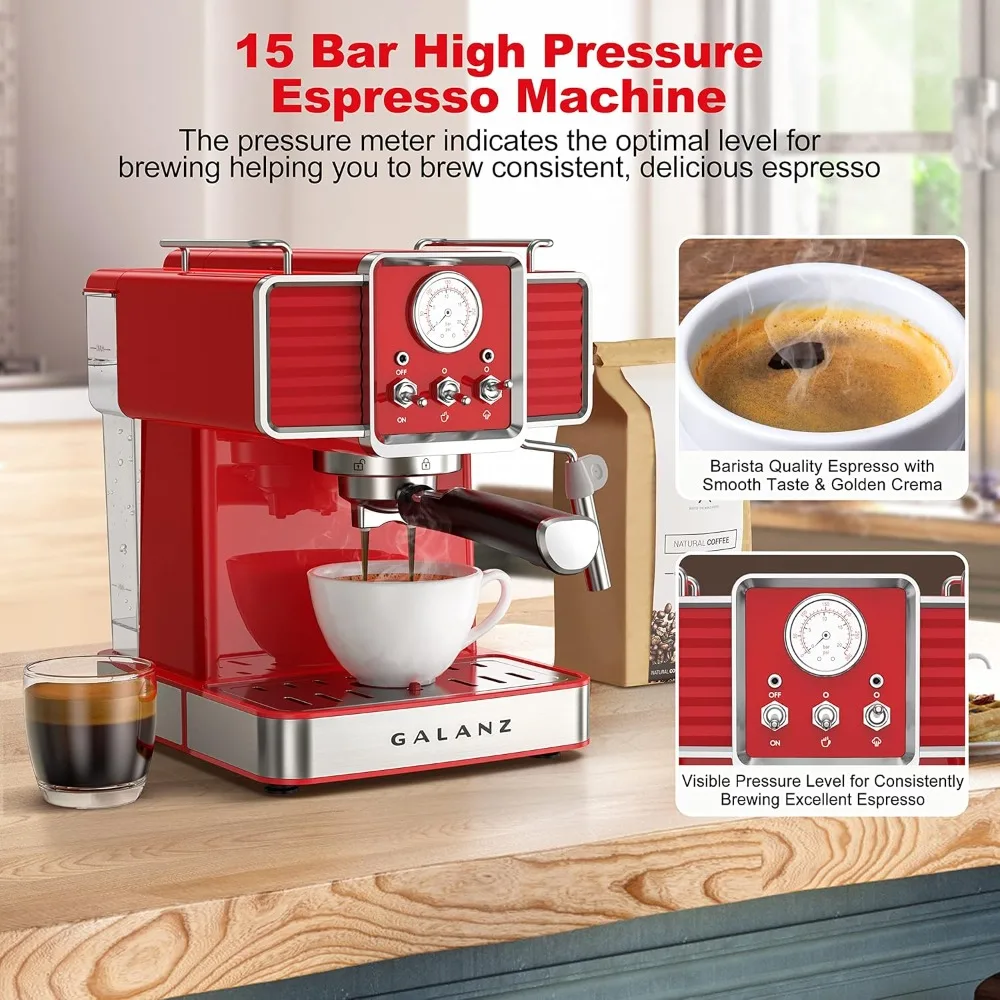 Retro Espresso Machine with Milk Frother, 15 Bar Pump Professional Cappuccino and Latte Machine, 1.5L Removable