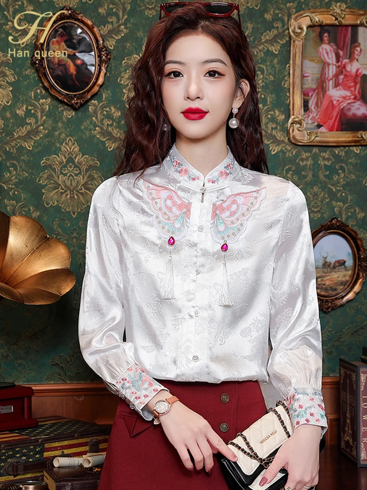 H Han Queen 2024 Autumn Blouse Women Embroidery Beading Shirts Office Work Blouse Long Sleeve Vintage Loose Tops Woman Clothing