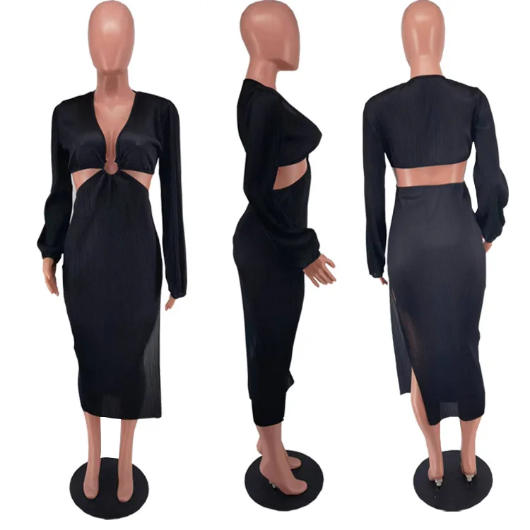 Szkzk Sexy Prom Slit Dresses Long Luxury Lantern Sleeve V Neck Hollow Out Night Club Outfits Evening Gowns For Women Party Dress