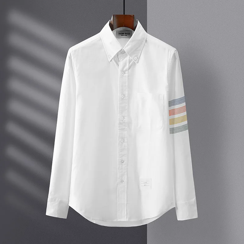 2024 New TB Oxfordfabric Rainbow Stripe Shirt Unisex Summer Long sleeved Polo Shirt Simple Versatile Fashion Casual White Shirt