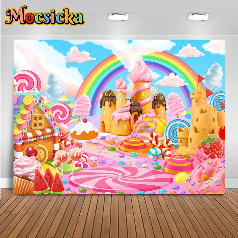 

Happy Birthday Dessert Background For Photography Rainbow Candy Cream Baby Newborn Cake Crush Backdrop Decor Party Photo Studio