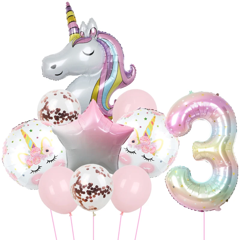 10pcs/set Rainbow Unicorn Party Balloons 40inch Gradient Color Digital Foil Balloons for Child Birthday Party Baby Shower Decor