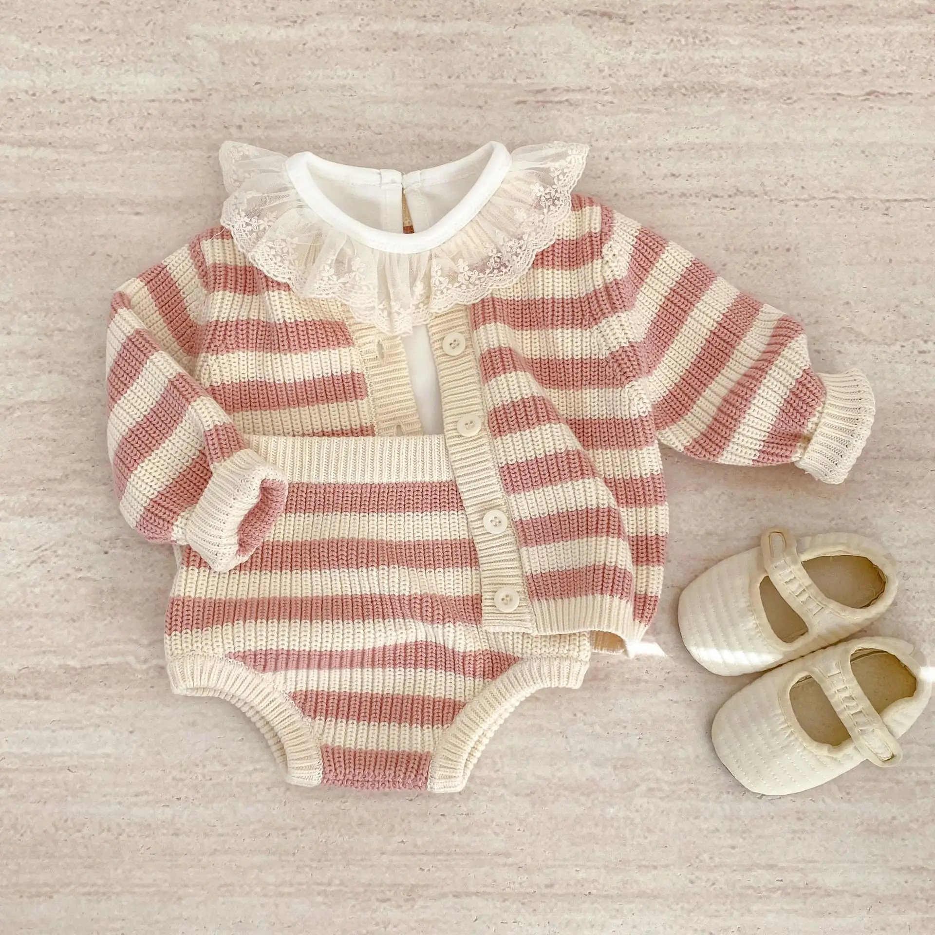 

2026 Spring New Baby Long Sleeve Clothes Set Infant Boy Girl Knitted Cardigan Coat + Pp Shorts 2pcs Suit Toddler Striped Outfits