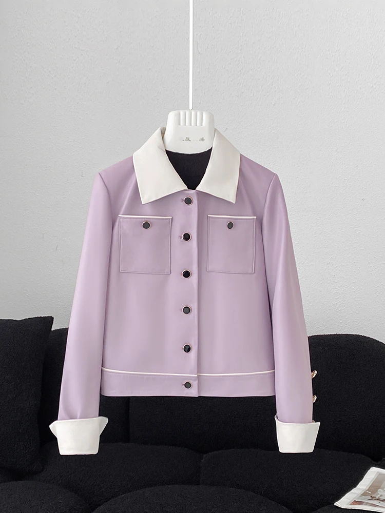 سترة نسائية من الجلد الطبيعي قصيرة للربيع والخريف وطية صدر فنية بقصة ضيقة من جلد الخراف وجيوب واحدة باللون الوردي #5