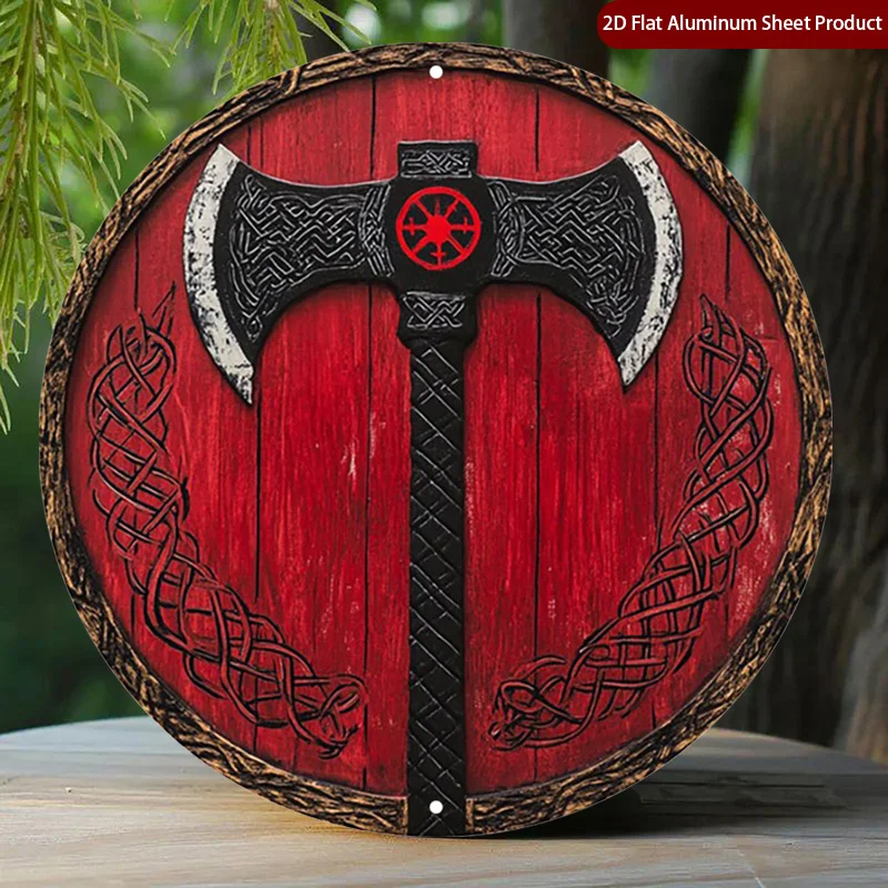 CIFBUY Celtic Knot Viking Axe Round Metal Sign 2D Flat Aluminum Wall Art Waterproof Rustic Decor For Home Garage Cafe