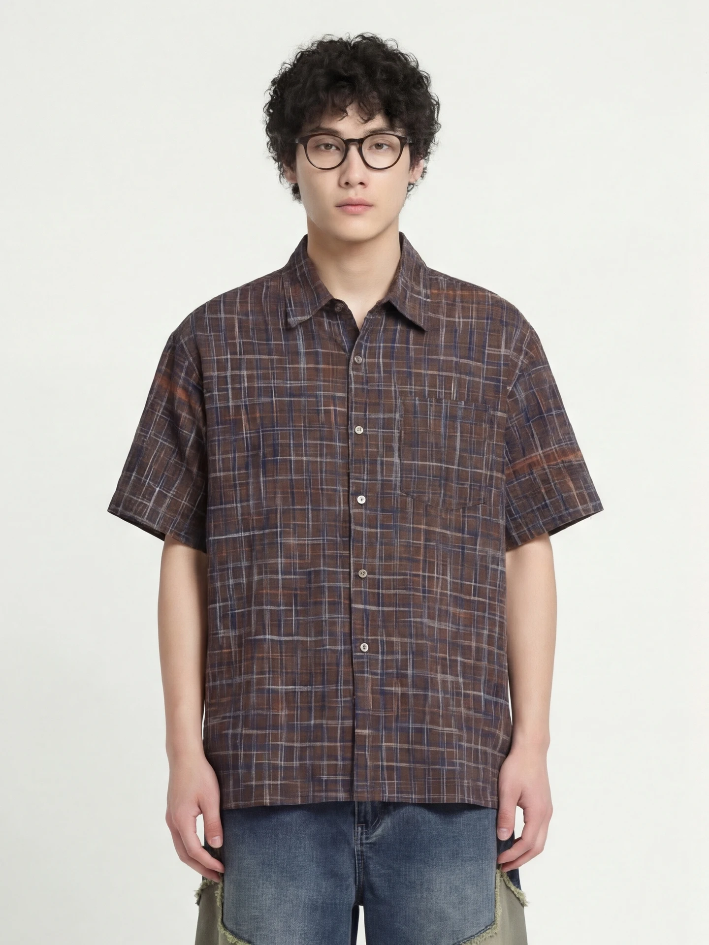 

Loose Fit ort Sve Casual irt from Brown Purple Plaid Collared ket Casual Top for Men And Women