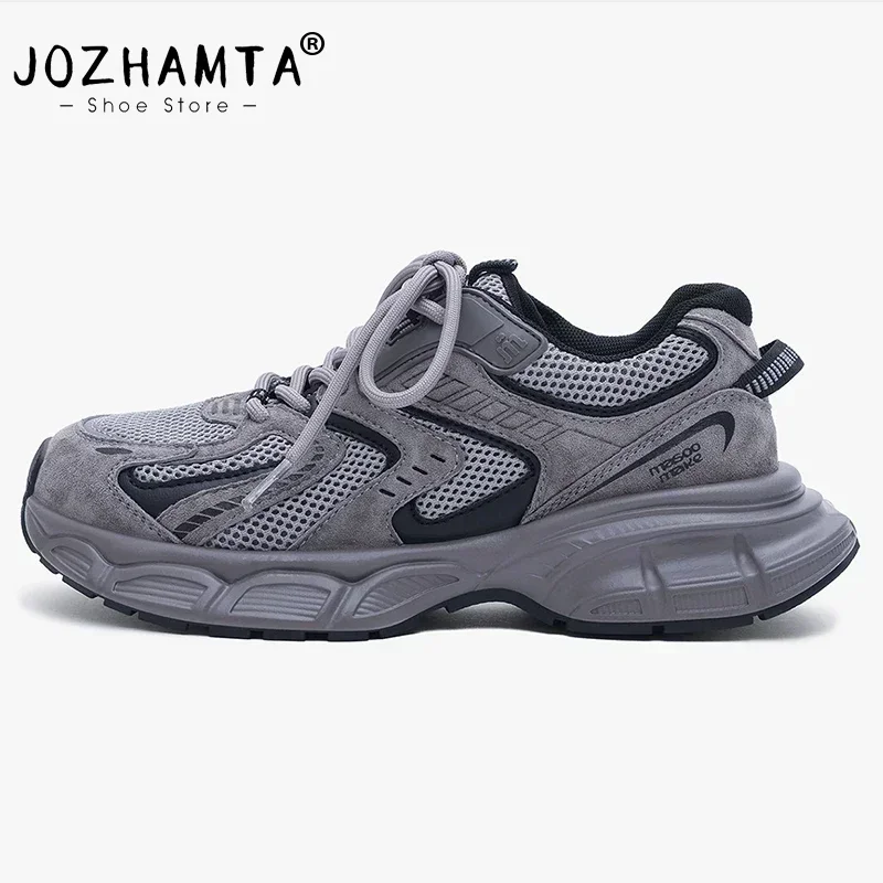 JOZHAMTA Size 35-40 2025 Ins Fashion Sneakers For Women Lightweight Breath Leather Mesh Mid Thick Heel Spring Platform Shoes