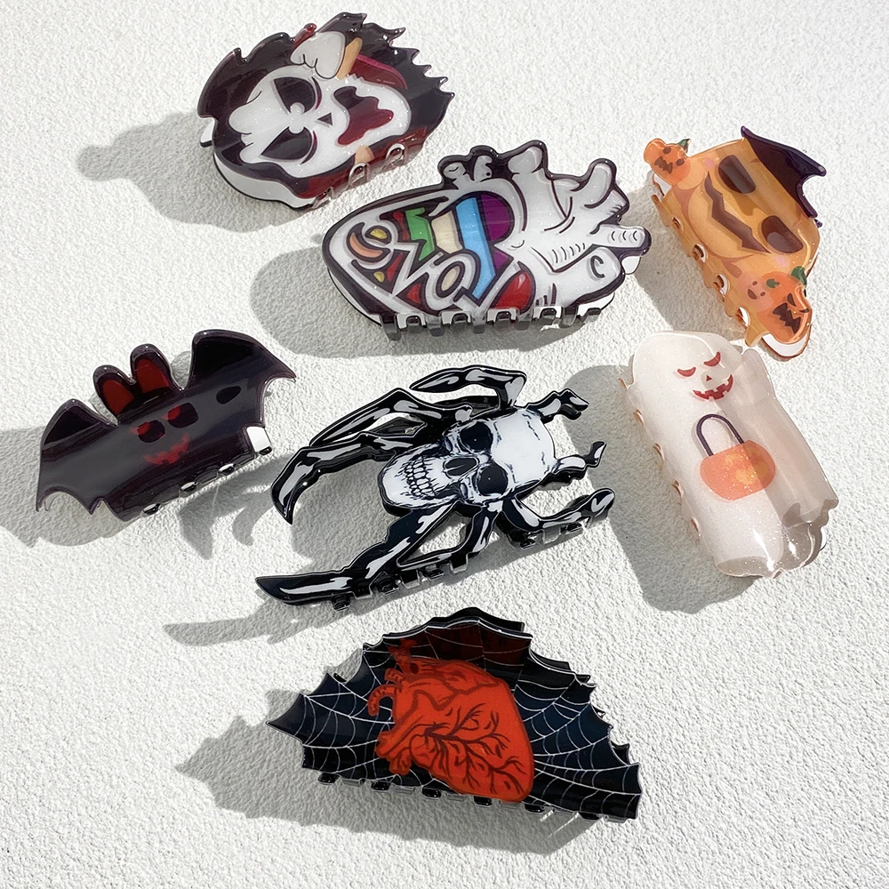 

Funny Halloween Gifts Heart Spider Web Bat Ghost Printed Crab Fixed Ponytail Hairpin Women's New Hair Accessories Clip Claw Tool