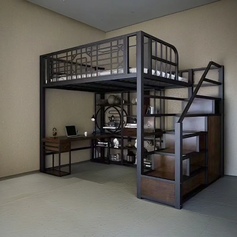 New Chinese wrought iron bed, ancient style apartment, iron frame bed, loft-style raised sheets, upper floor