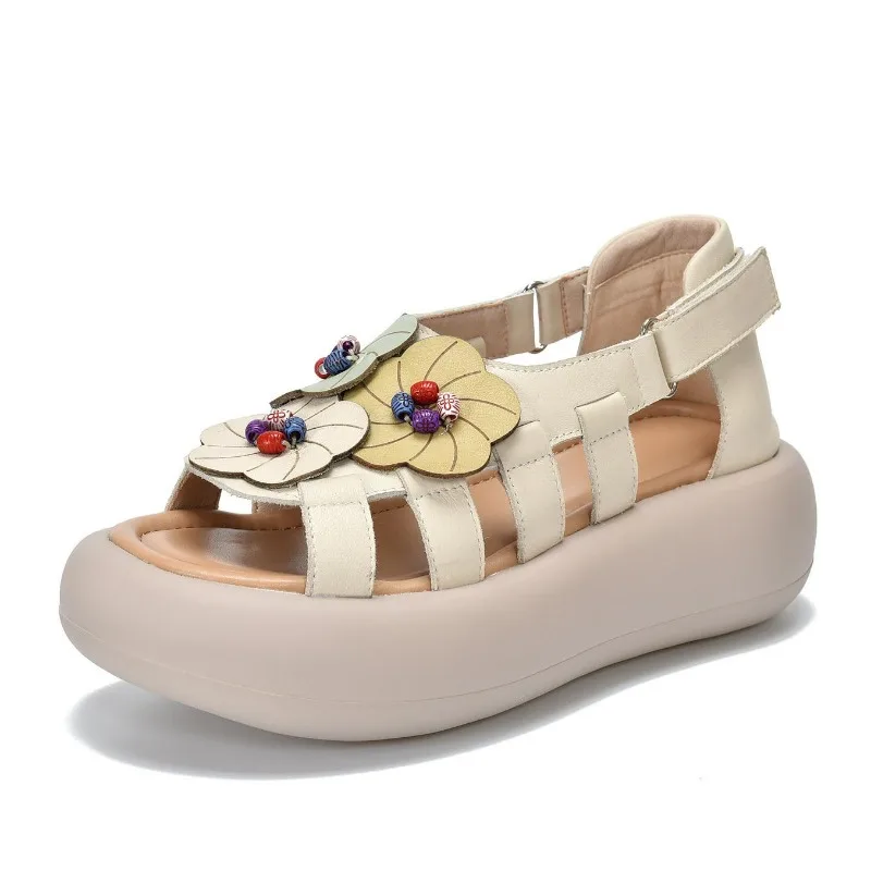 

5.5CM Weave Cow Genuine Leather Summer Women Sandals Flower Slippers Mary Jane Shoes Flats Hook Fashion Summer Platform Wedge