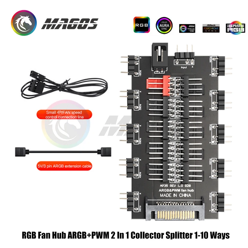 RGB Fan Hub ARGB+PWM 2 In 1 Collector Splitter 1-10 Ways Support MB 5V 3Pin AURA SYNC, SATA Power LED Strip PC RGB Fan Cooler