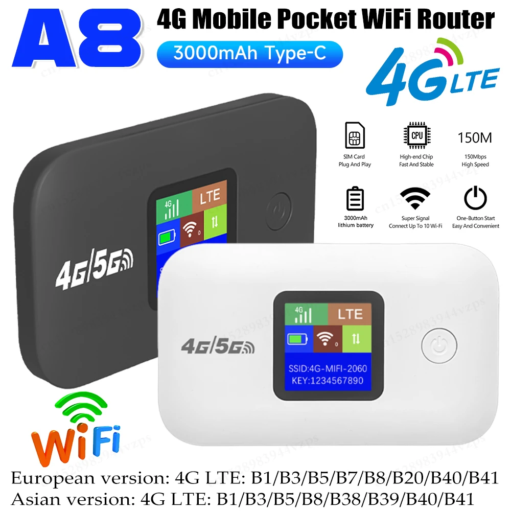 A8 Modem WIFI 4G Lte WiFi Router Portable Router 150Mbps Outdoor Mobile WIFI Hotspot 3000mAh Car Wifi Router with SIM Card Slot