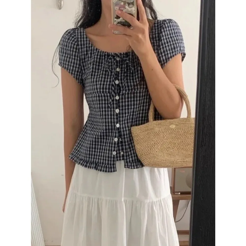 

Женские топы в Корейском стиле Sle Sweet Plaid Ort Sve Irt, лето 2022, новый дизайн, утягивающий универсальный топ Ele, женские топы Irt Quali